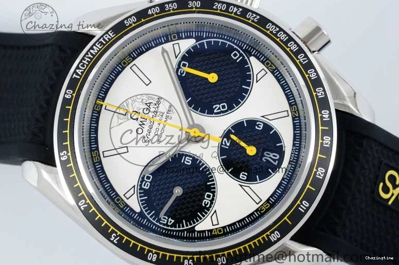 0706 TopPick Speedmaster Racing Master SS HKF Best Edition White Black Dial on Black Rubber Strap A 7813